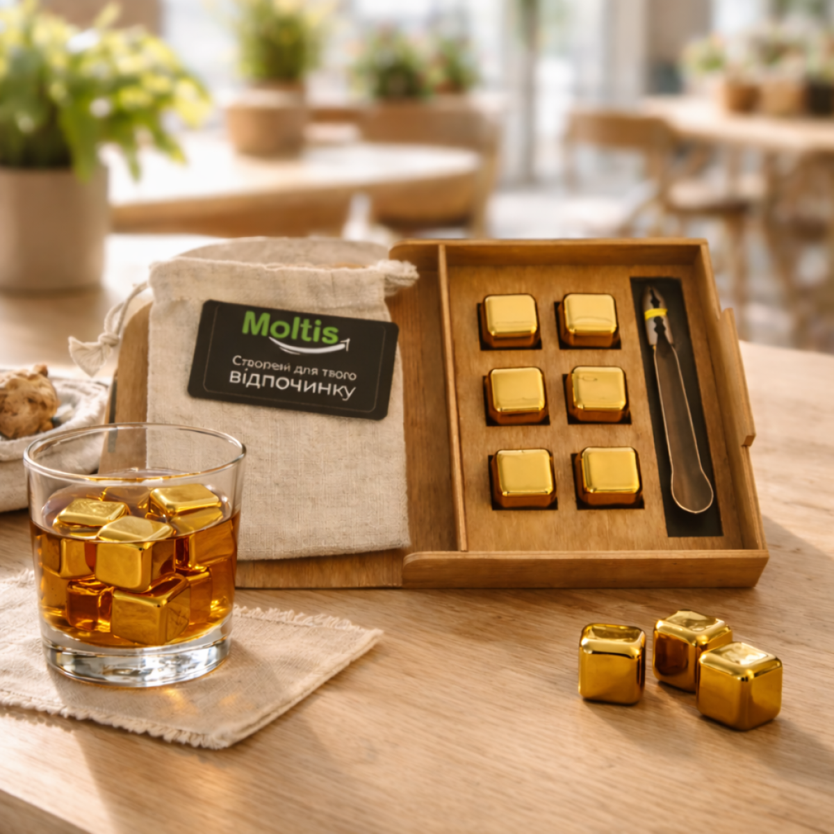 Кубики для віскі Moltis Relax Whiskey Stones Original Wood 6 шт з металу у золотому кольорі 
