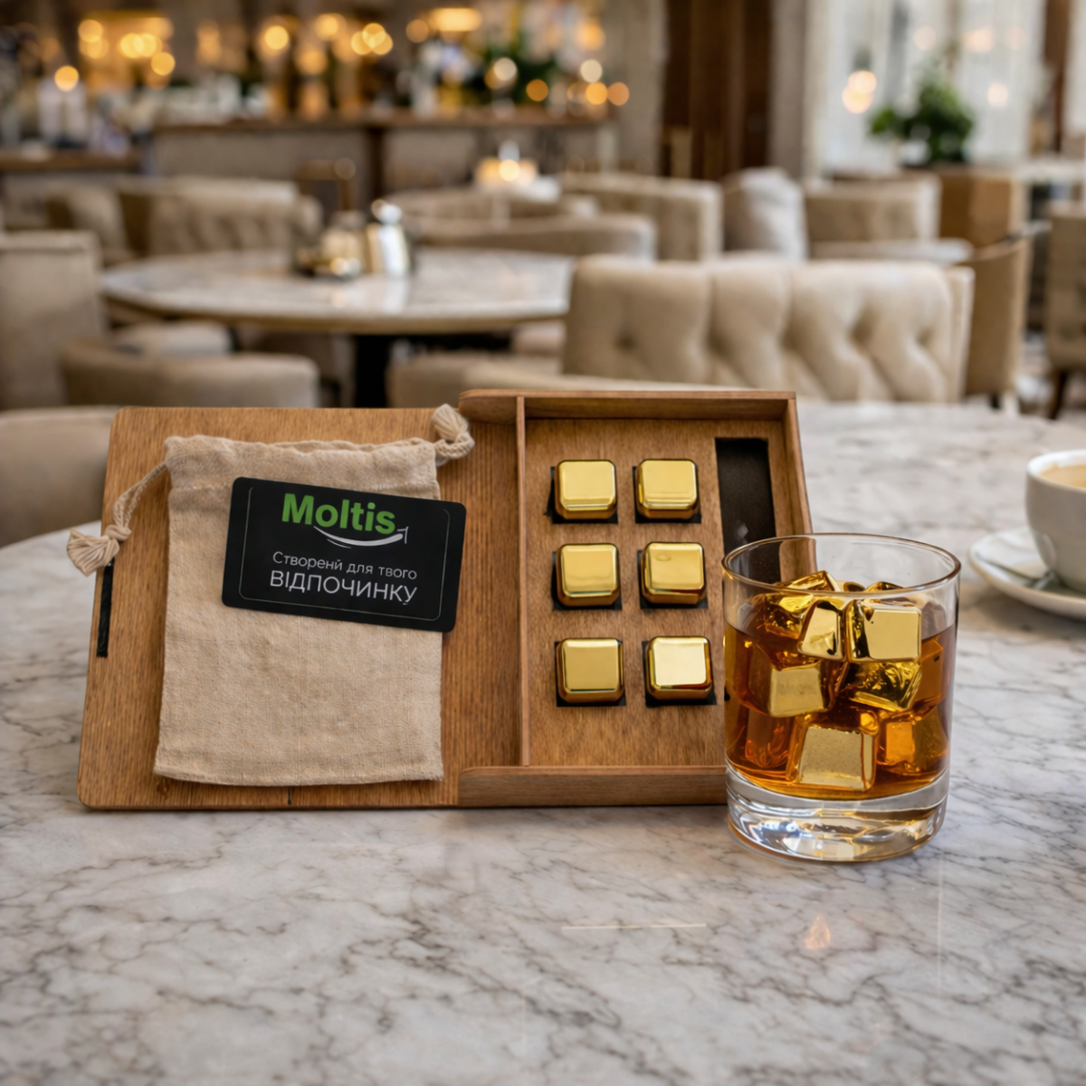 Кубики для віскі Moltis Relax Whiskey Stones Original Wood 6 шт з металу у золотом цвете (без гравировки) 