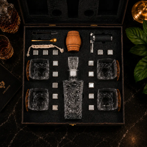 Подарунковий набір для віскі Moltis SMS-4101 Premium — 4 келихи Glacier, графін, смокер для копчення, охолоджувальні кубики, елітний набір для чоловіка у дерев’яній коробці 10221