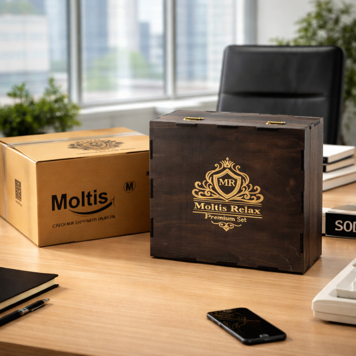 Подарунковий набір для віскі Moltis Relax-1004 у дерев’яній коробці (8 металевих кубиків келихи Quadro) 10065