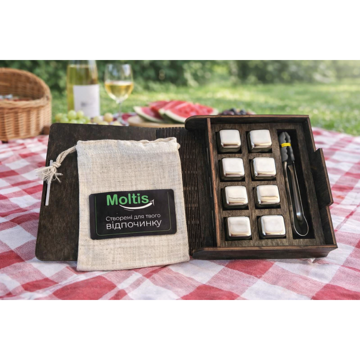 Кубики для віскі Moltis Relax Whiskey Stones Original Wood 8 шт з металу у серебряном цвете (без гравировки) MBS - 10507