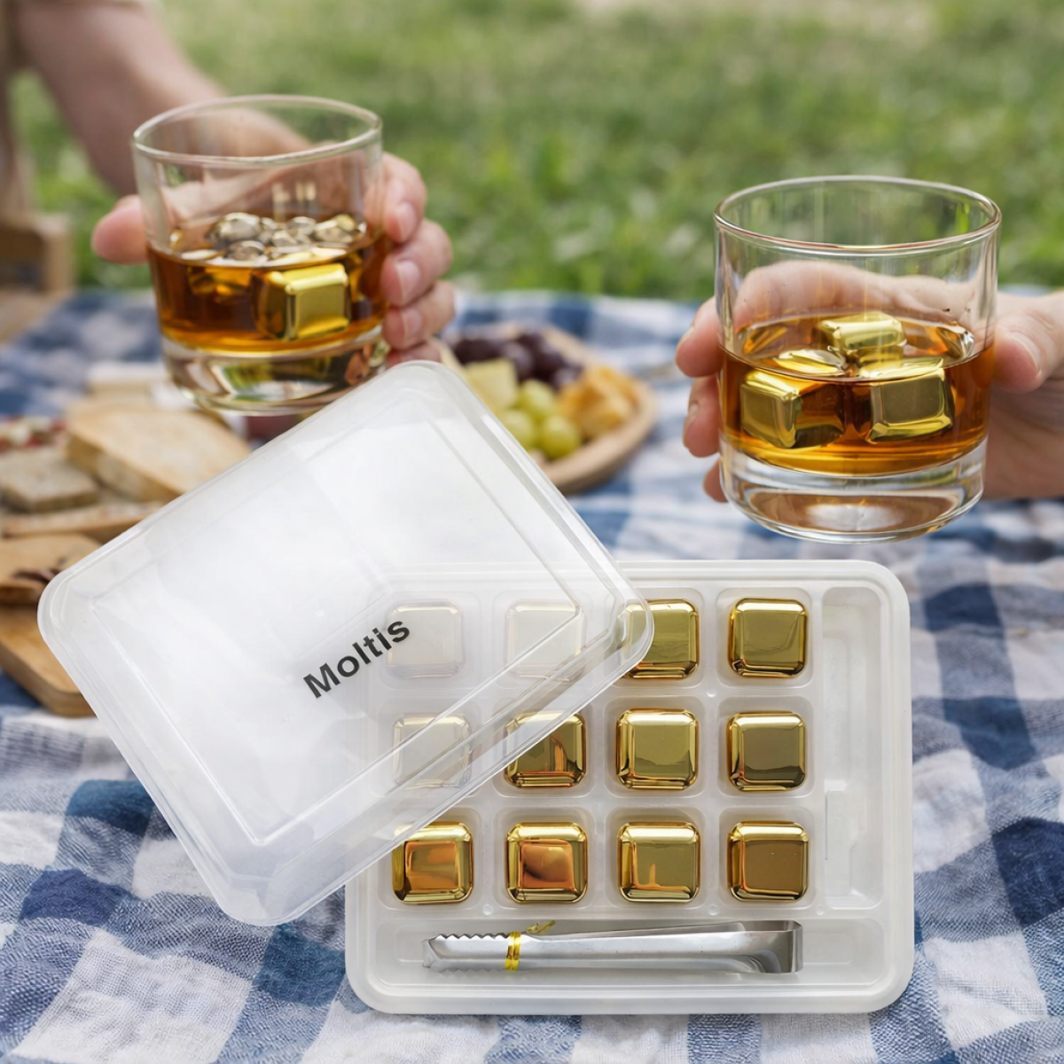 Кубики для віскі та інших напоїв Moltis 12 шт металеві Золото + щипці Whiskey Stones Gold