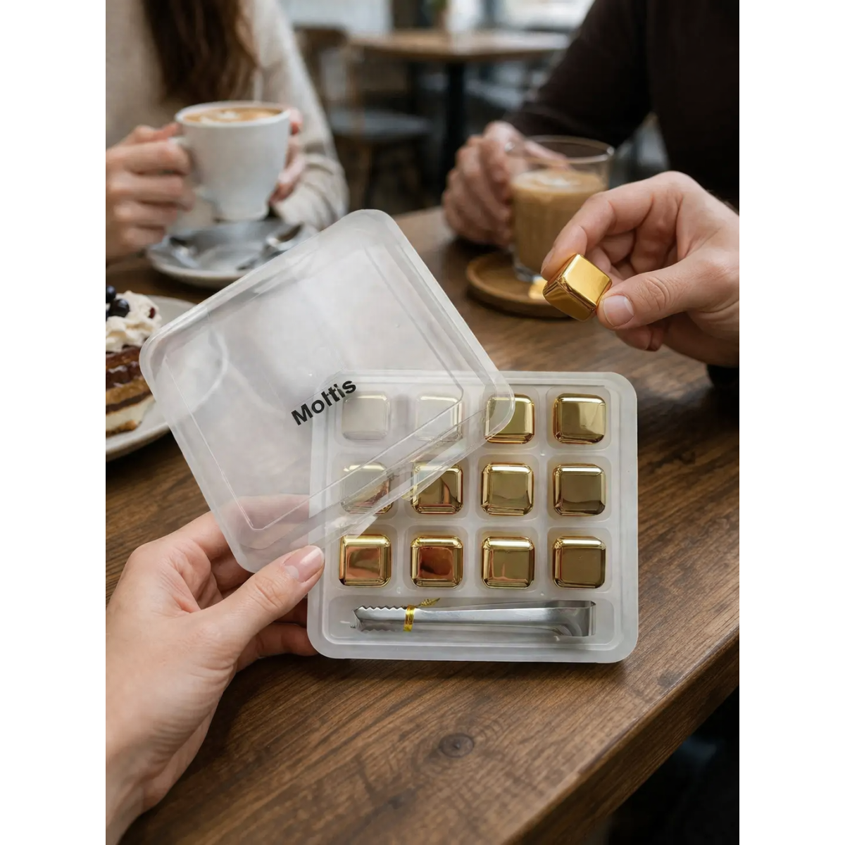Кубики для віскі та інших напоїв Moltis 12 шт металеві Золото + щипці Whiskey Stones Gold