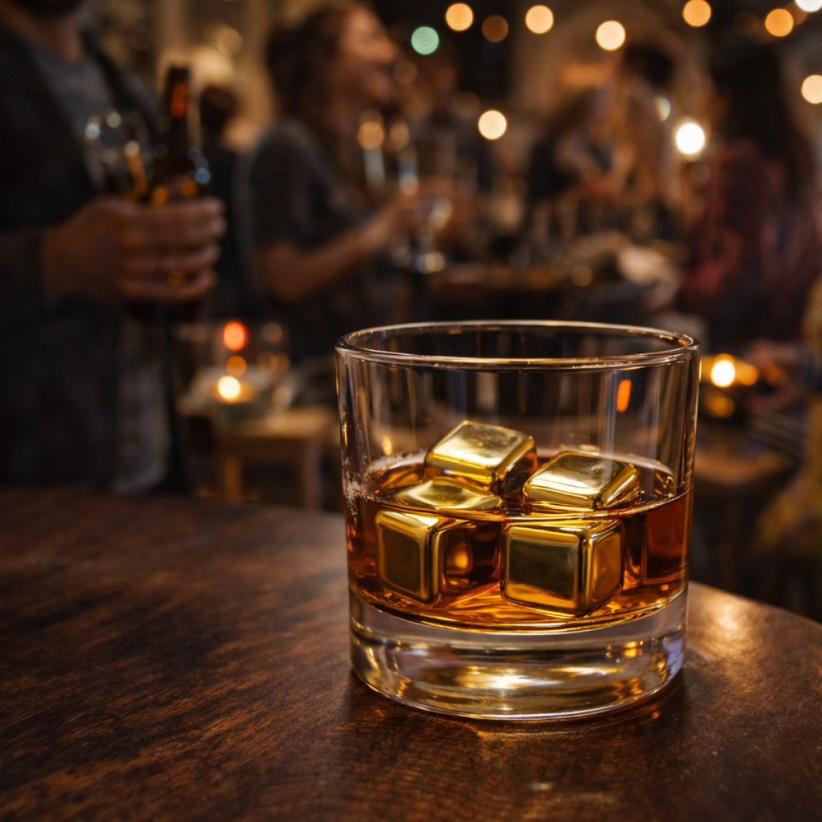 Кубики для віскі та інших напоїв Moltis 12 шт металеві Золото + щипці Whiskey Stones Gold