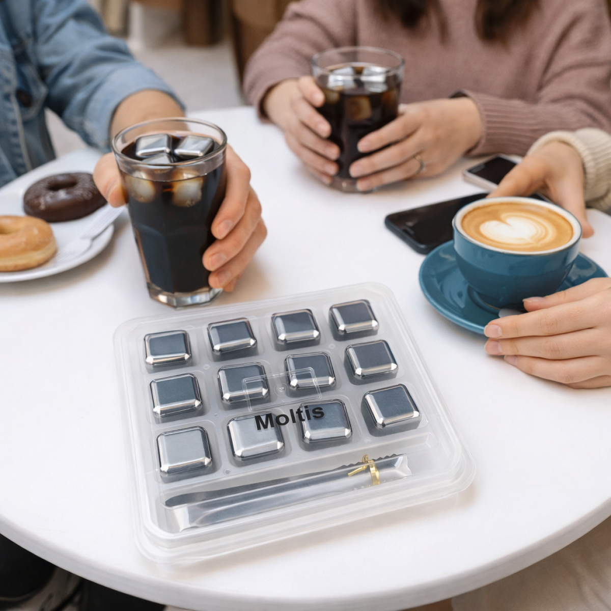 Кубики для віскі та інших напоїв Moltis 12 шт металеві Срібло + щипці Whiskey Stones Silver