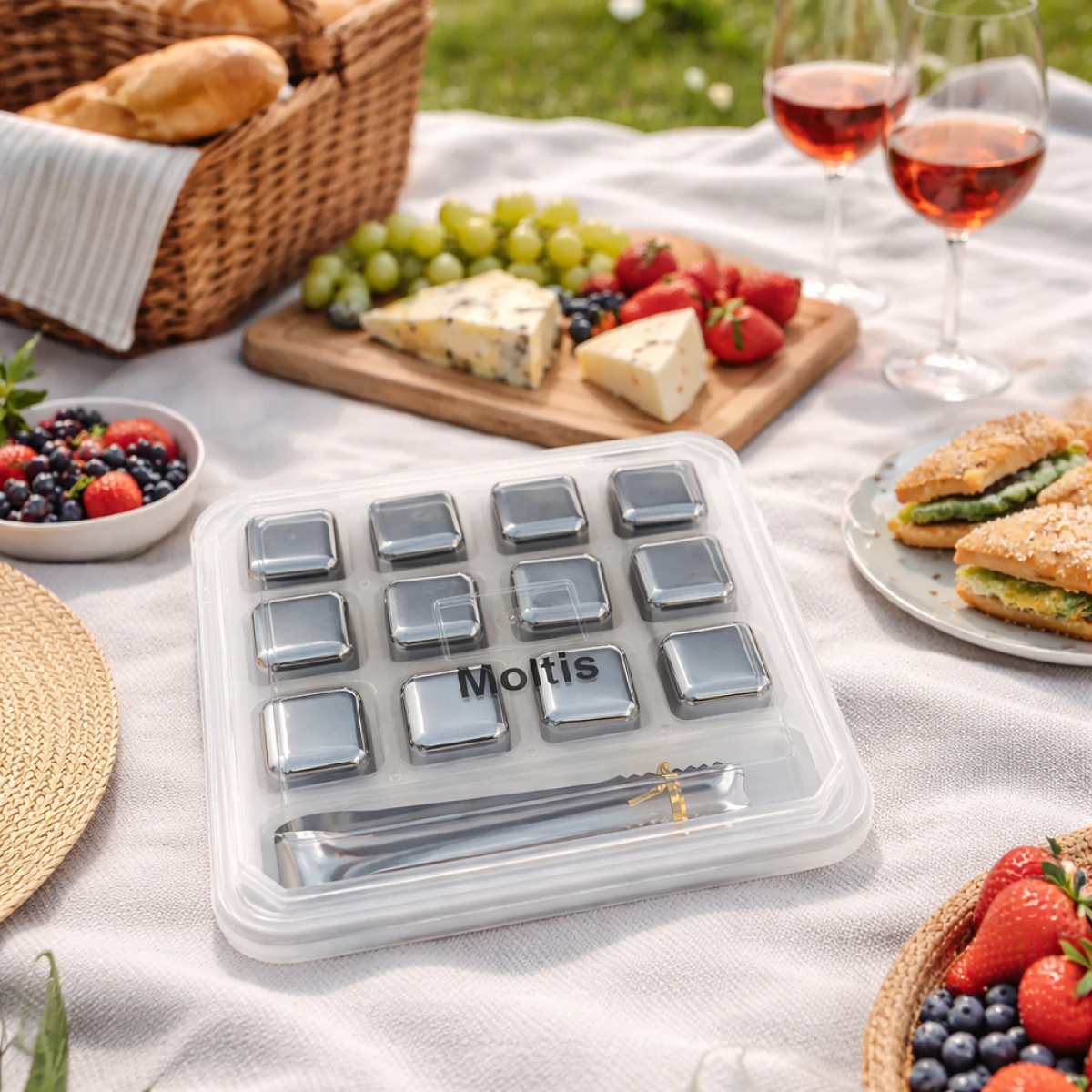 Кубики для віскі та інших напоїв Moltis 12 шт металеві Срібло + щипці Whiskey Stones Silver