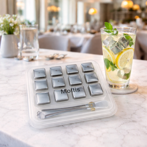 Кубики для віскі та інших напоїв Moltis 12 шт металеві Срібло + щипці Whiskey Stones Silver