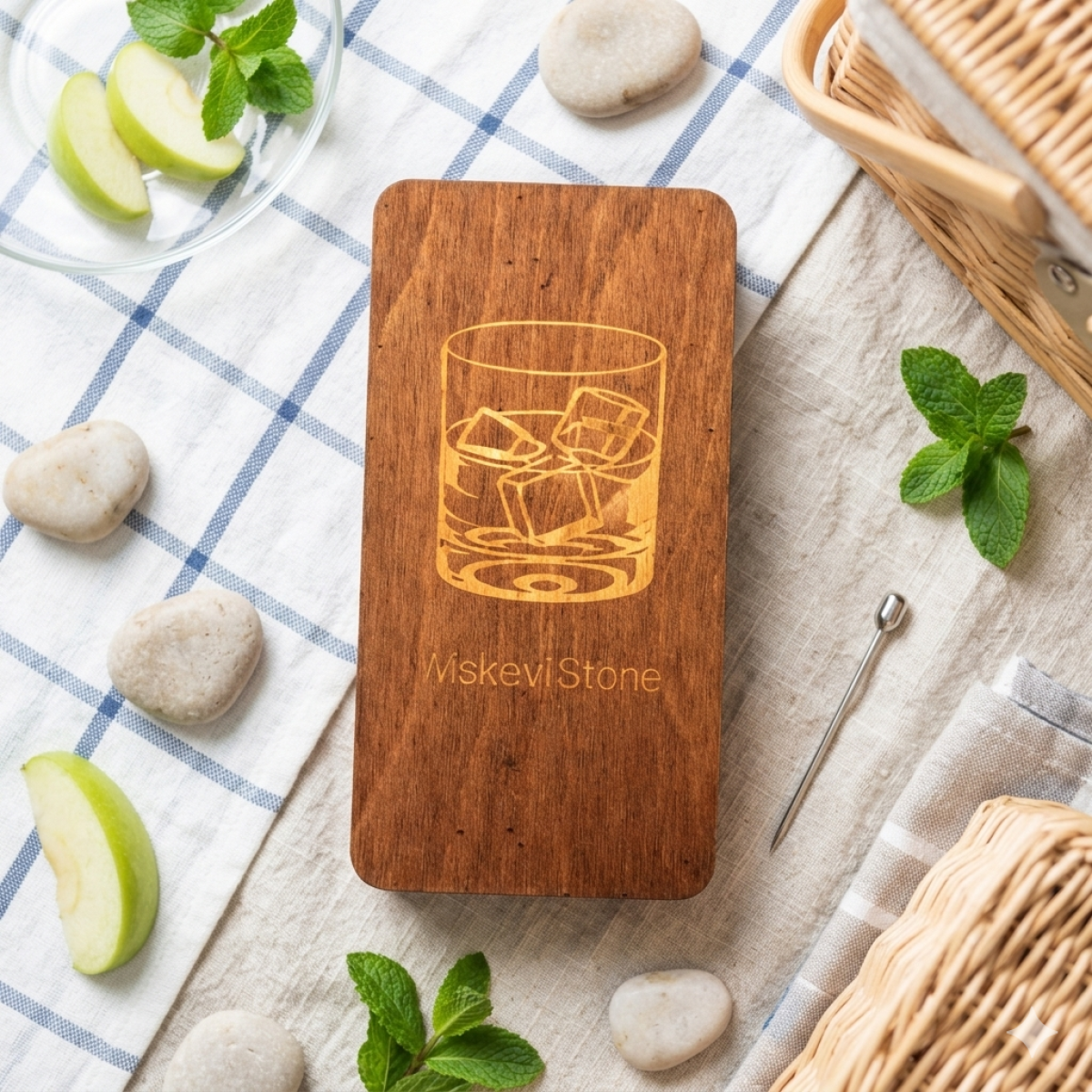 Подарунковий набір для віскі Moltis Relax – 4 срібні металеві кубики в дерев’яній коробці (WS-10701)