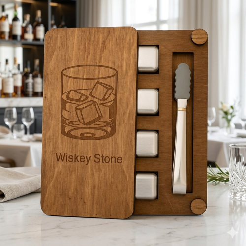 Подарунковий набір для віскі Moltis Relax – 4 срібні металеві кубики в дерев’яній коробці (WS-10701)