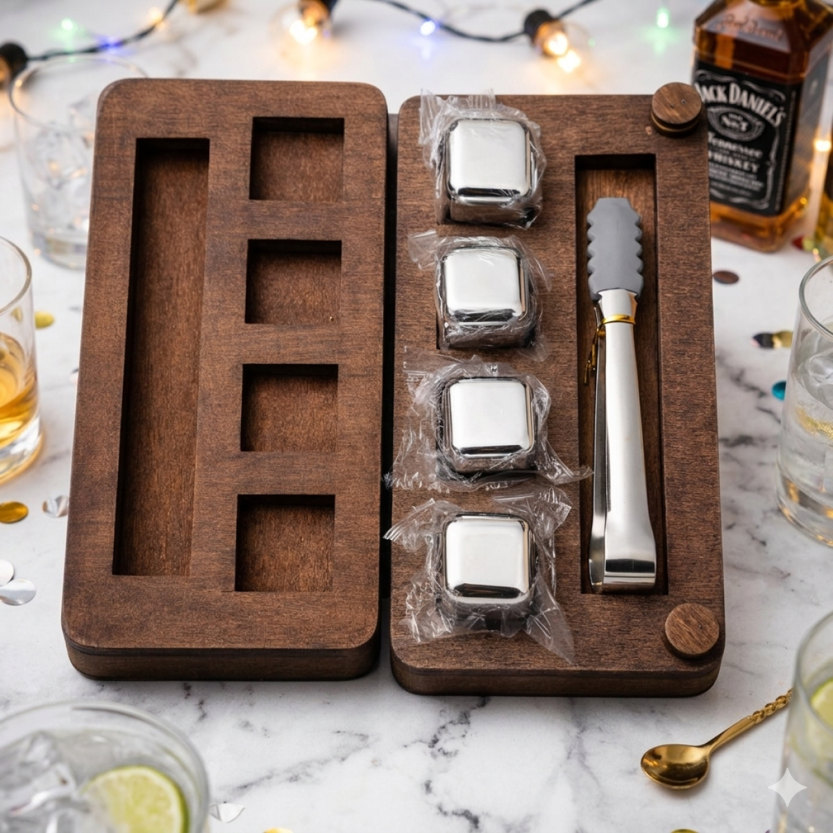 Подарунковий набір для віскі Moltis Relax – 4 срібні металеві кубики в дерев’яній коробці (WS-10701)