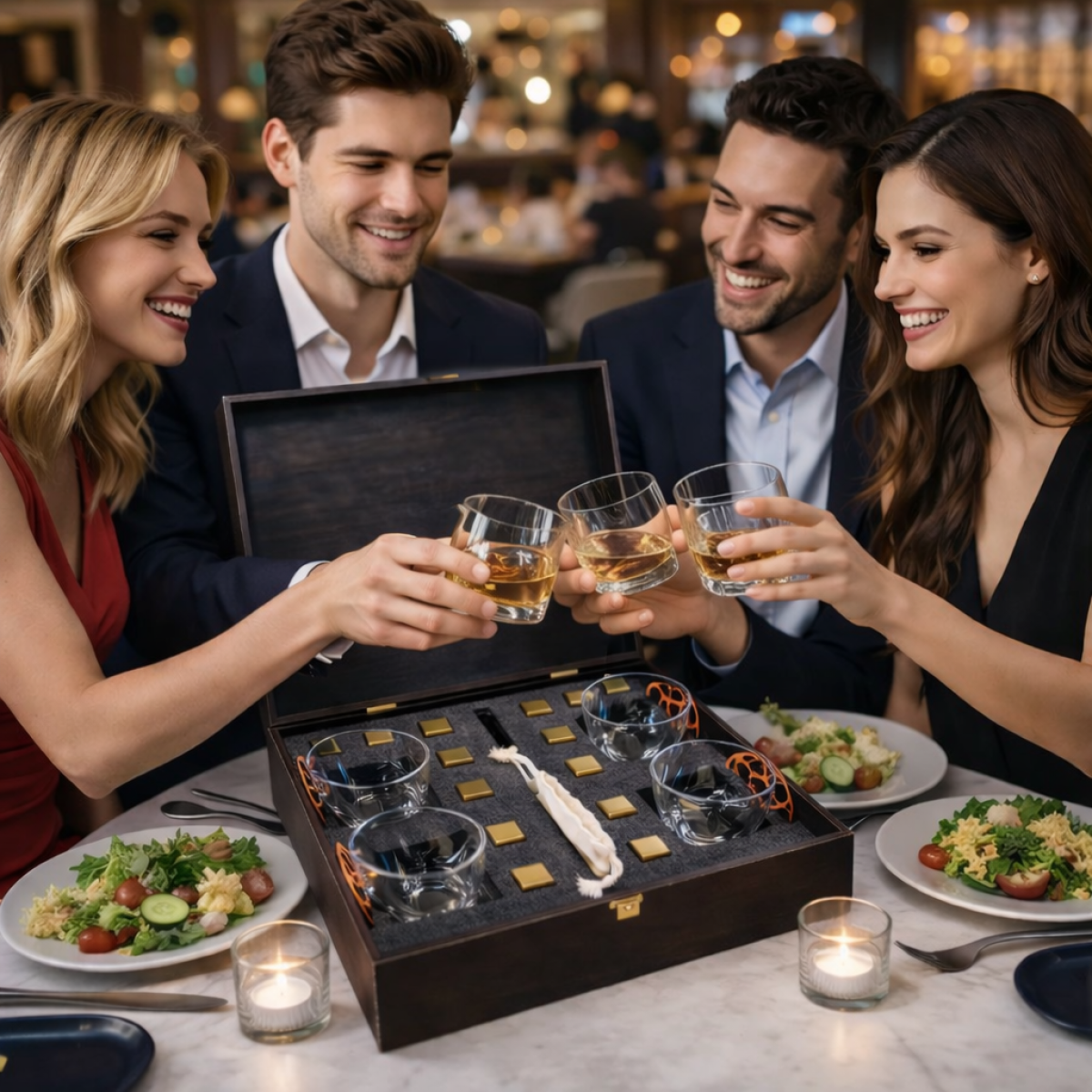 Набір для віскі Moltis Premium — 4 склянки, металеві охолоджувальні кубики, дерев’яна подарункова коробка