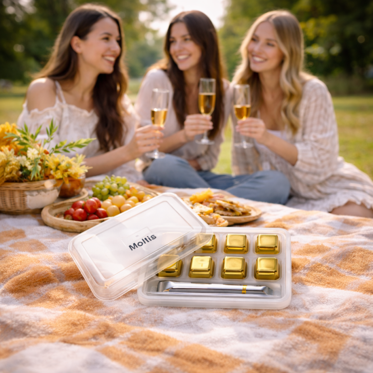 Кубики для віскі та інших напоїв Moltis 8 шт металеві Золото + щипці Whiskey Stones Gold