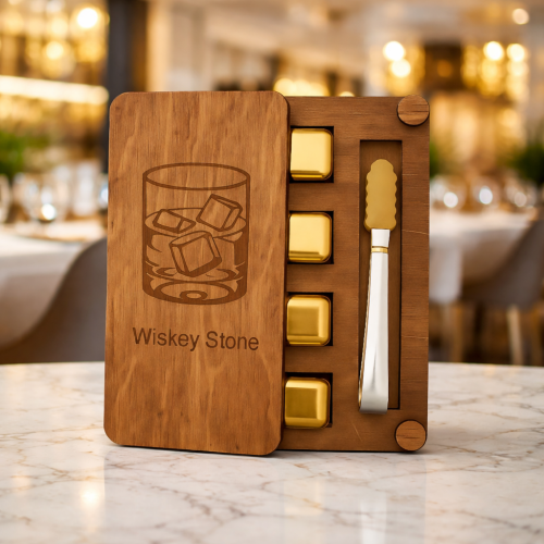 Набір для віскі , металеві кубики 4 шт (золоті) для охолодження напоїв, подарункова дерев’яна коробка