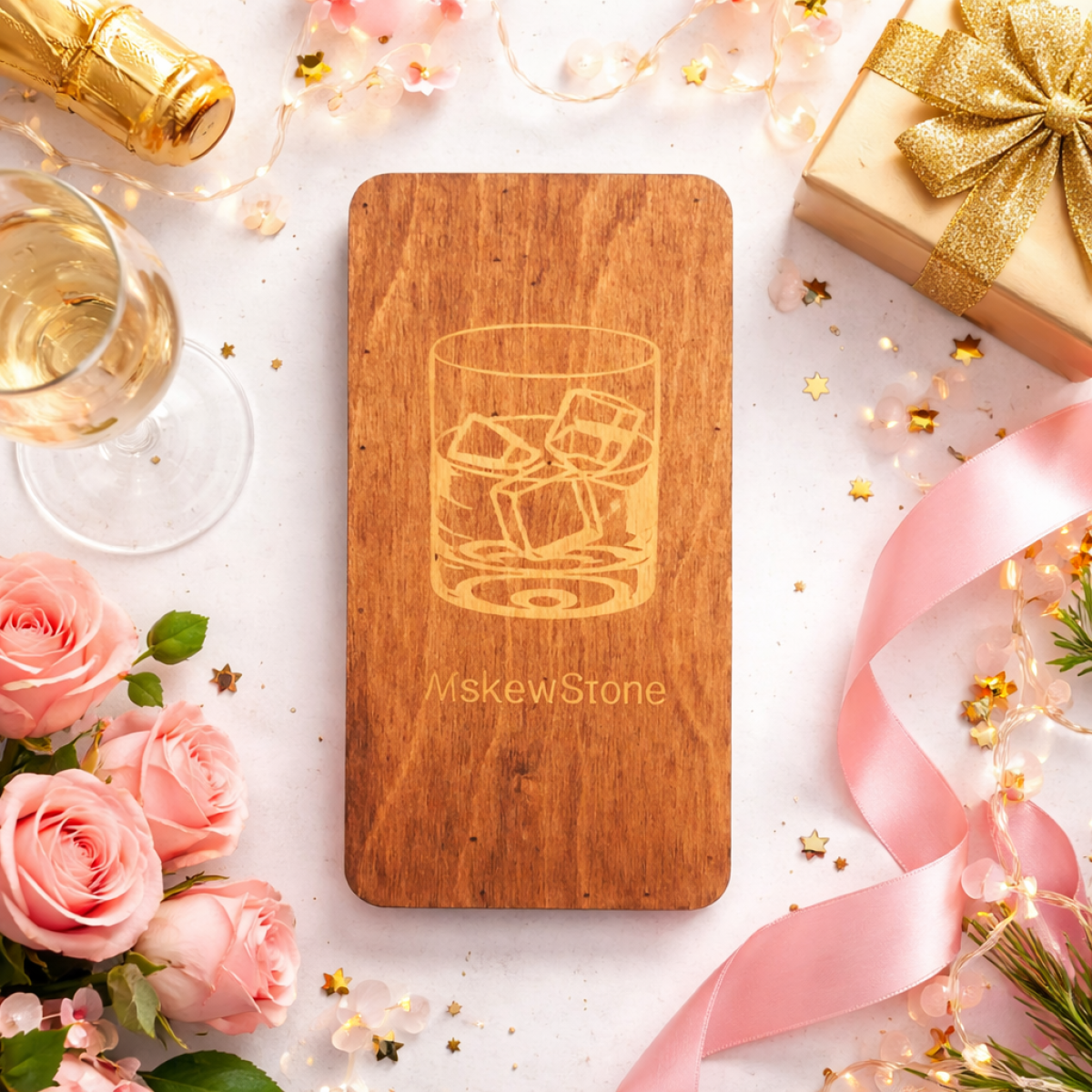 Набір для віскі , металеві кубики 4 шт (золоті) для охолодження напоїв, подарункова дерев’яна коробка