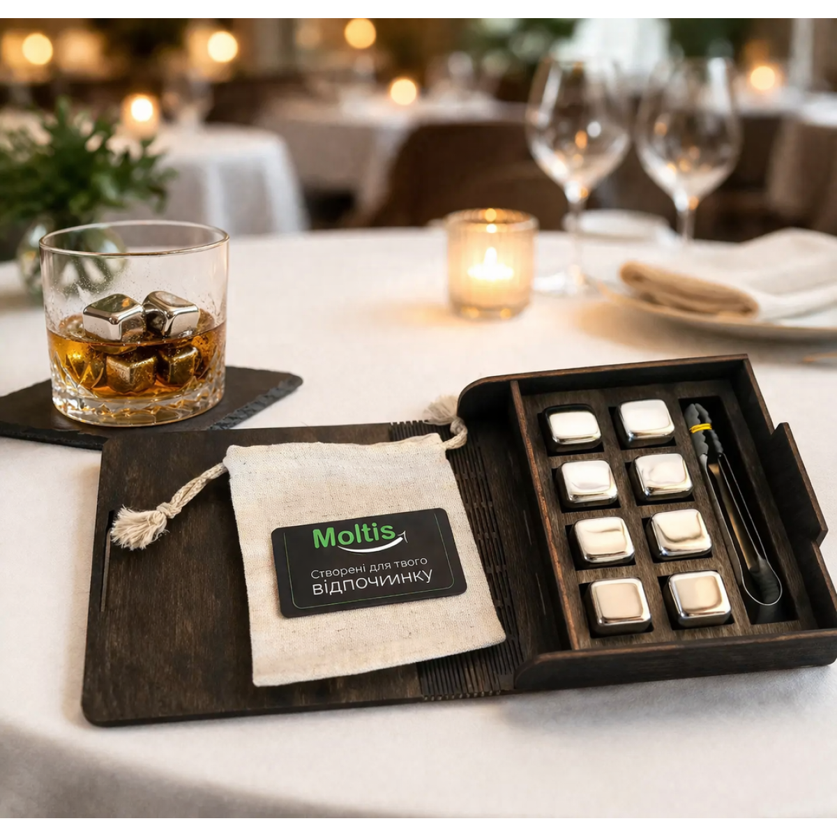 Кубики для віскі Moltis Relax Whiskey Stones Original Wood 8 шт з металу у срібному кольорі MBS - 10502