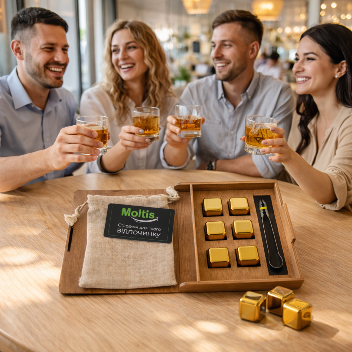 Кубики для віскі Moltis Relax Whiskey Stones Original Wood 6 шт з металу у золотому кольорі MBG - 10509