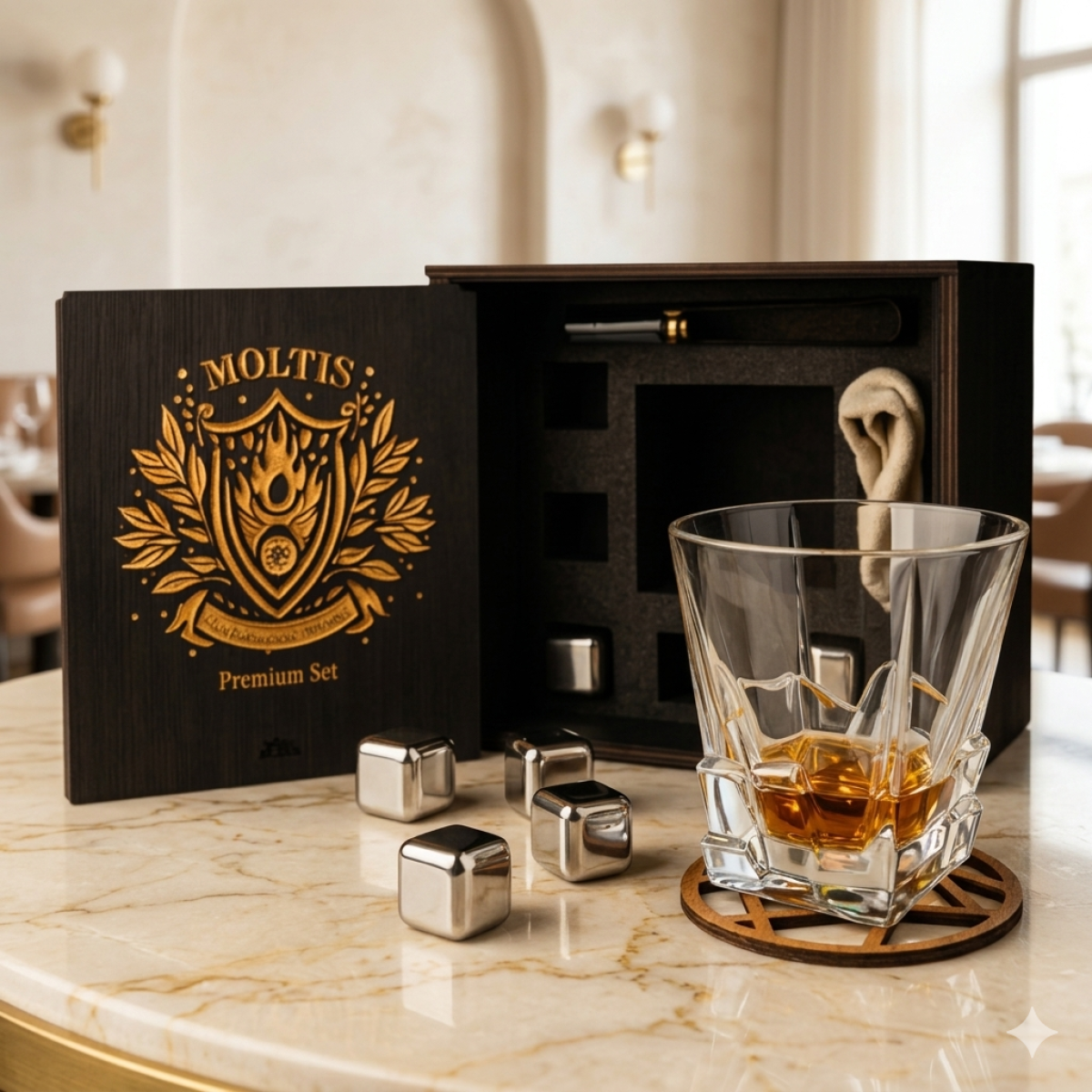 Набір для віскі Moltis Saxum Premium: келих, щипці, 5 охолоджувальних кубиків, мішечок і підставка 