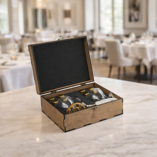 Преміальний набір для віскі  — 2 келихи, 8 золотих металевих кубиків, дерев’яний кейс