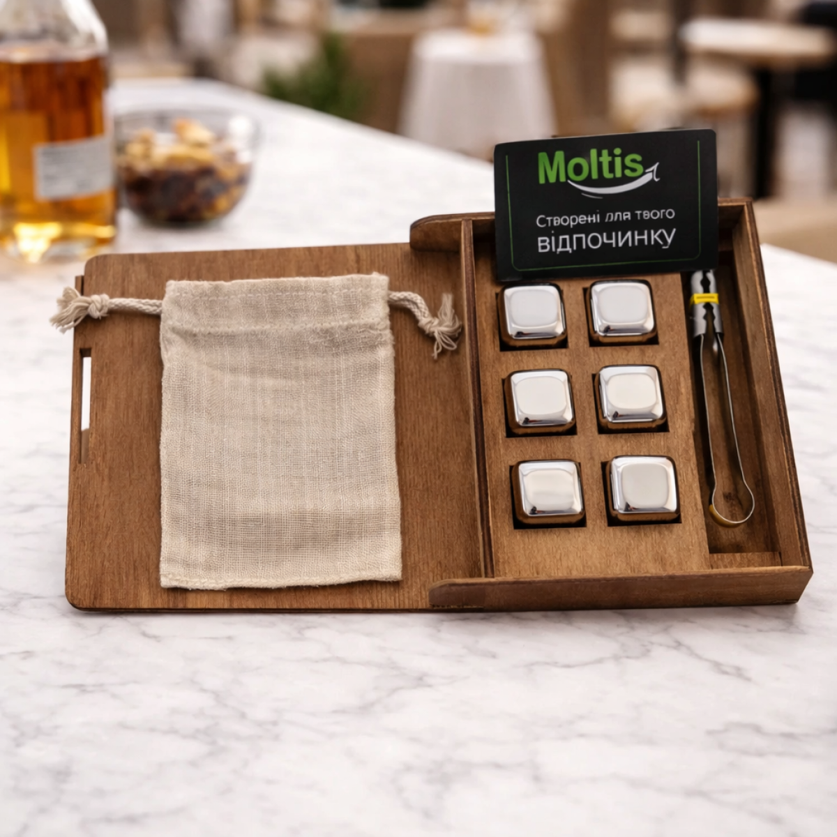 Кубики для віскі Moltis Relax Whiskey Stones Original Wood 6 шт з металу у серебряном цвете (без гравировки) MBS - 10504