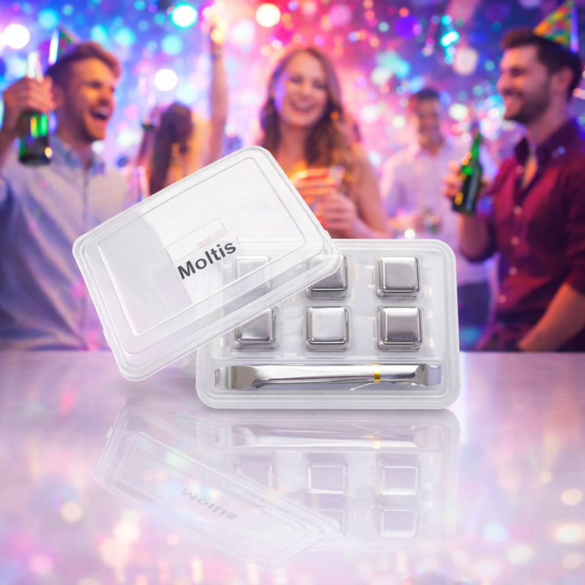 Кубики для віскі та інших напоїв Moltis 6 шт металеві Срібло + щипці Whiskey Stones Silver