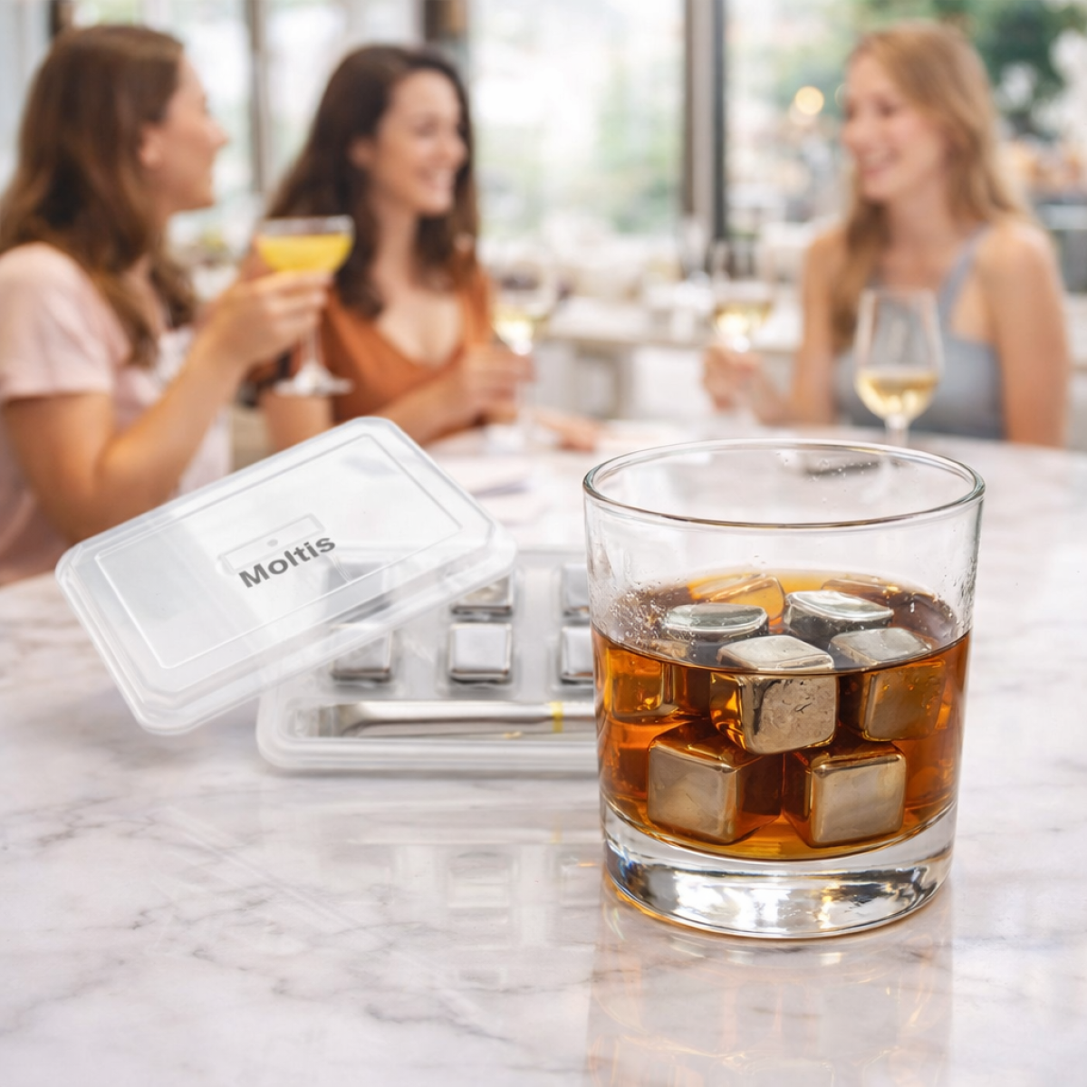 Кубики для віскі та інших напоїв Moltis 6 шт металеві Срібло + щипці Whiskey Stones Silver