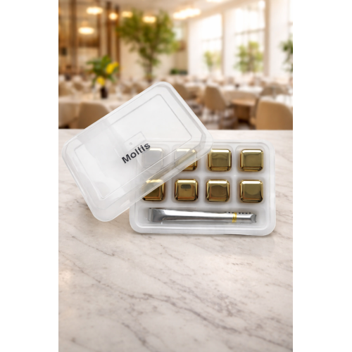 Кубики для віскі та інших напоїв Moltis 8 шт металеві Золото + щипці Whiskey Stones Gold