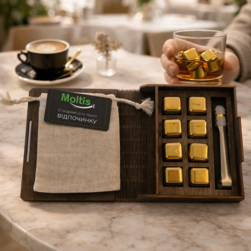 Кубики для віскі Moltis Relax Whiskey Stones Original Wood 8 шт з металу у золотом цвете (без гравировки) MBG - 10514