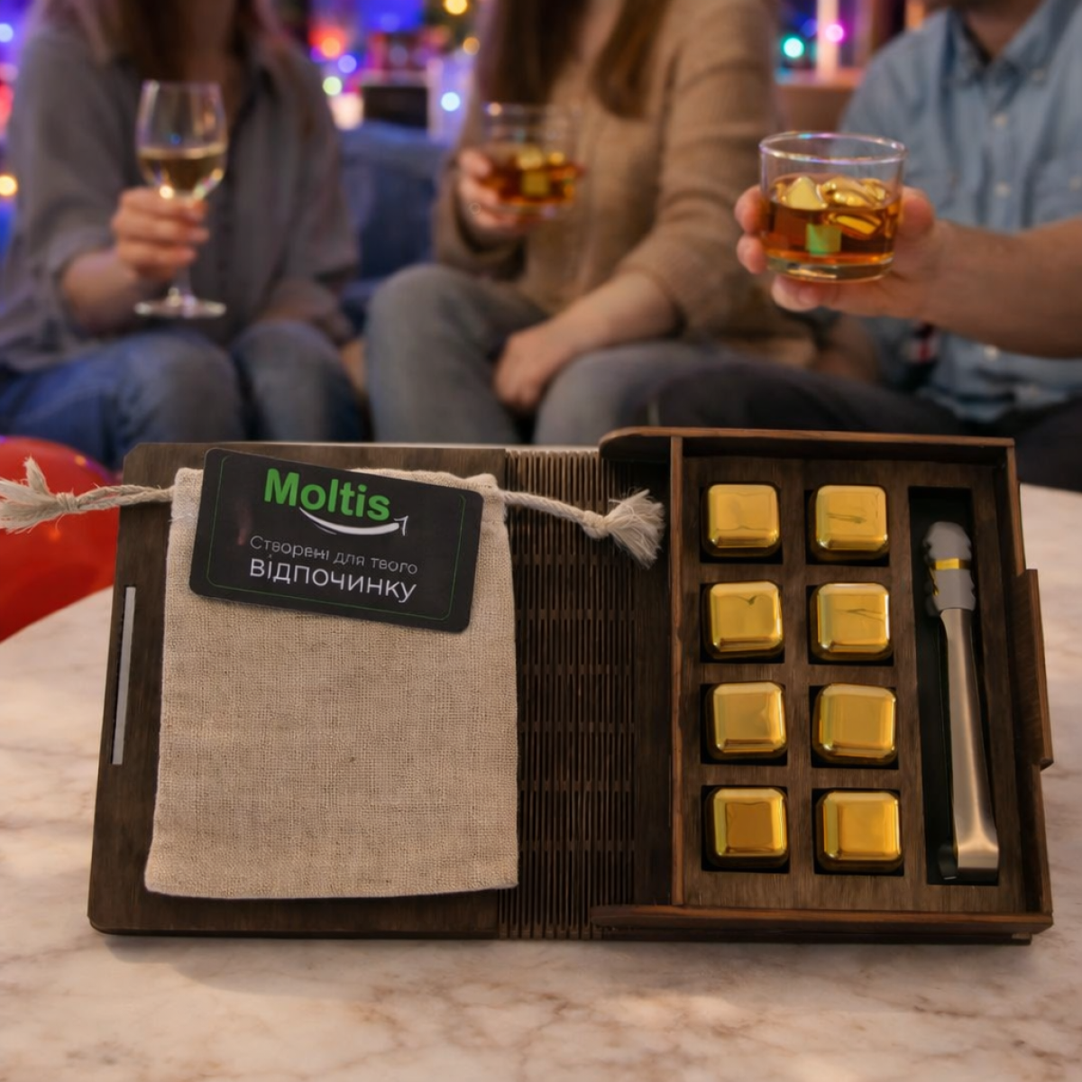 Кубики для віскі Moltis Relax Whiskey Stones Original Wood 8 шт з металу у золотом цвете (без гравировки) MBG - 10514