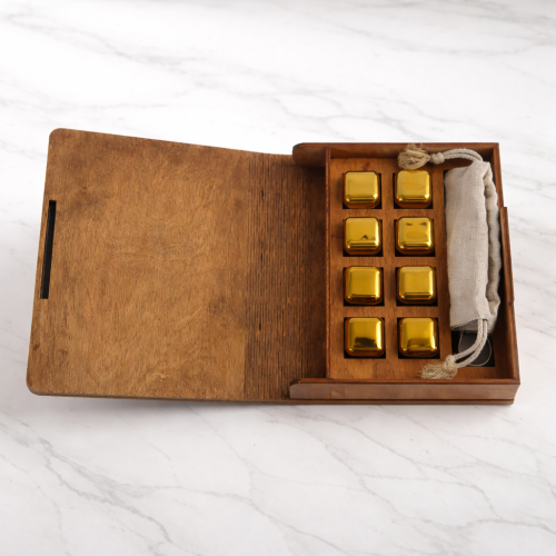 Кубики для віскі Moltis Relax Whiskey Stones Original Wood 8 шт з металу у золотом цвете (без гравировки) MBG - 10515