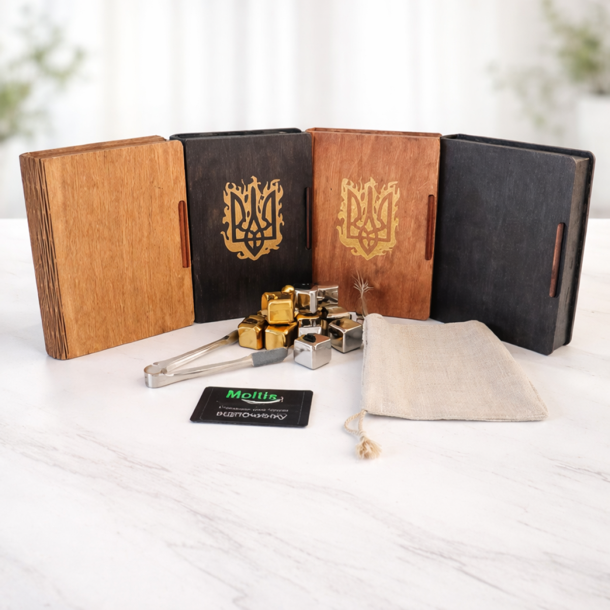 Кубики для віскі Moltis Relax Whiskey Stones Original Wood 8 шт з металу у золотом цвете (без гравировки) MBG - 10515