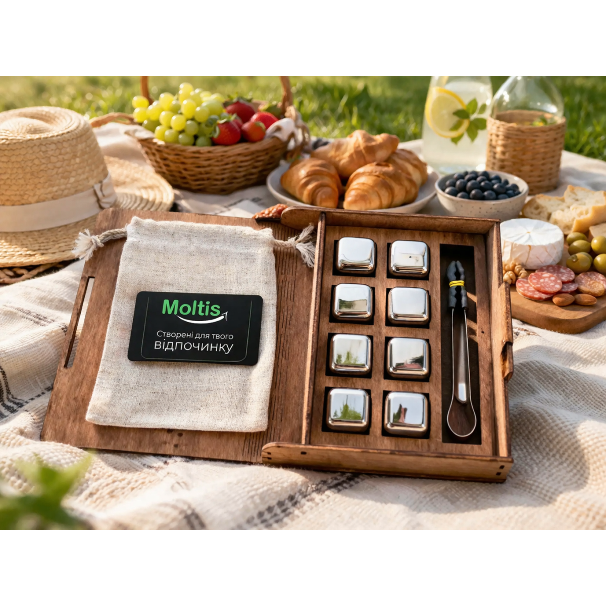 Кубики для віскі Moltis Relax Whiskey Stones Original Wood 8 шт з металу у серебряном цвете (без гравировки) MBS - 10506