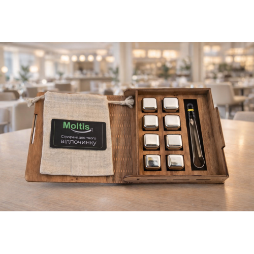 Кубики для віскі Moltis Relax Whiskey Stones Original Wood 8 шт з металу у серебряном цвете (без гравировки) MBS - 10506
