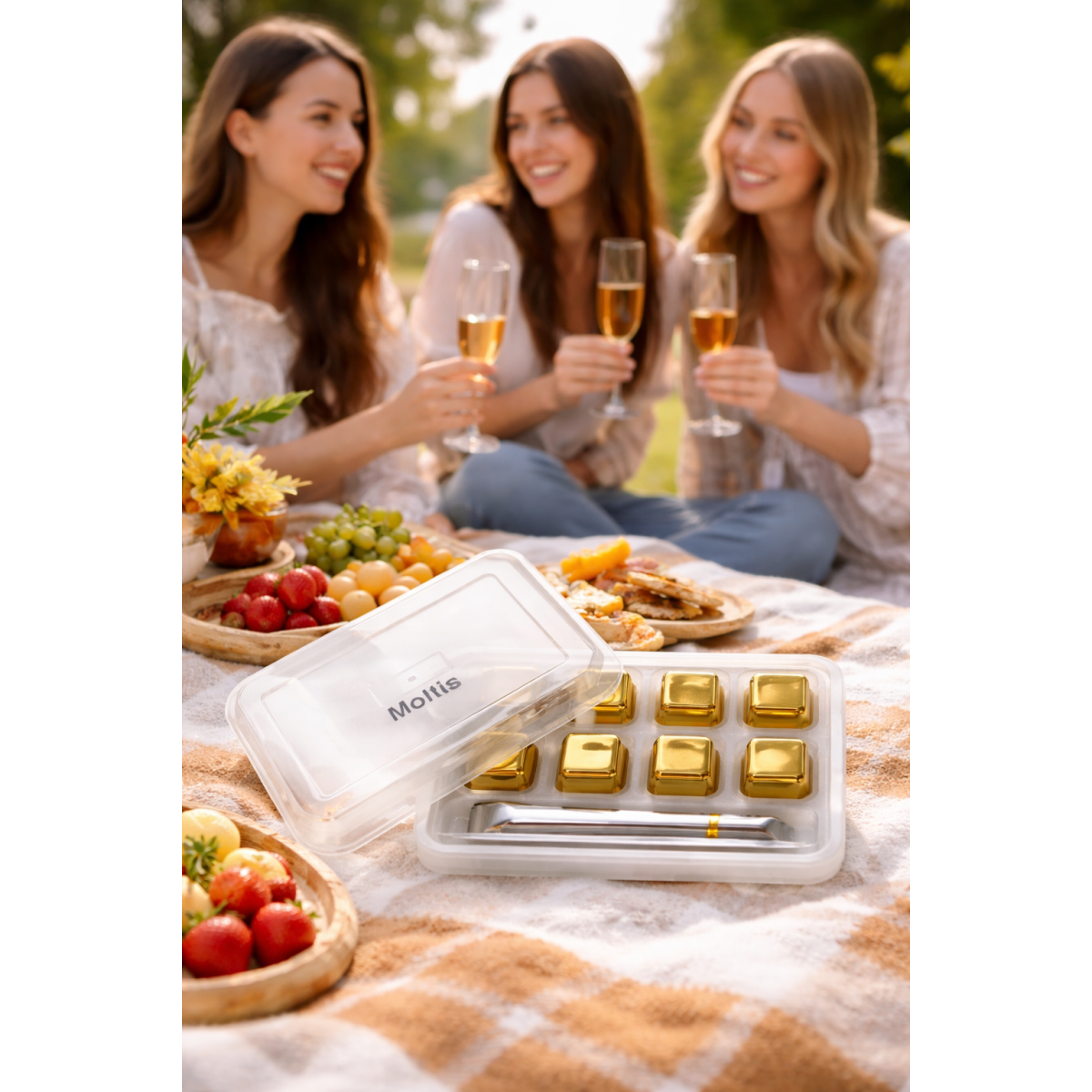 Кубики для віскі та інших напоїв Moltis 8 шт металеві Золото + щипці Whiskey Stones Gold