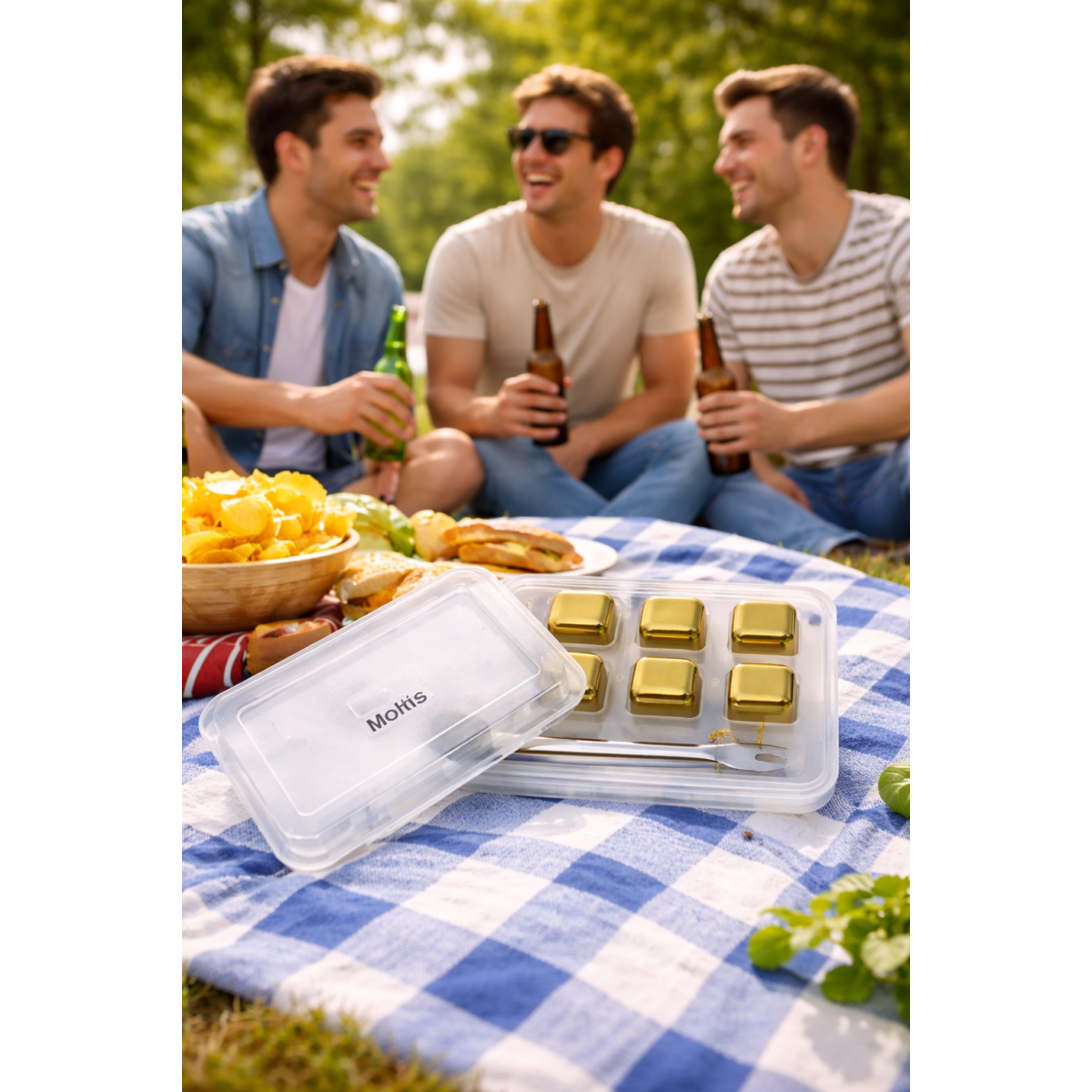 Кубики для віскі та інших напоїв Moltis 8 шт металеві Золото + щипці Whiskey Stones Gold