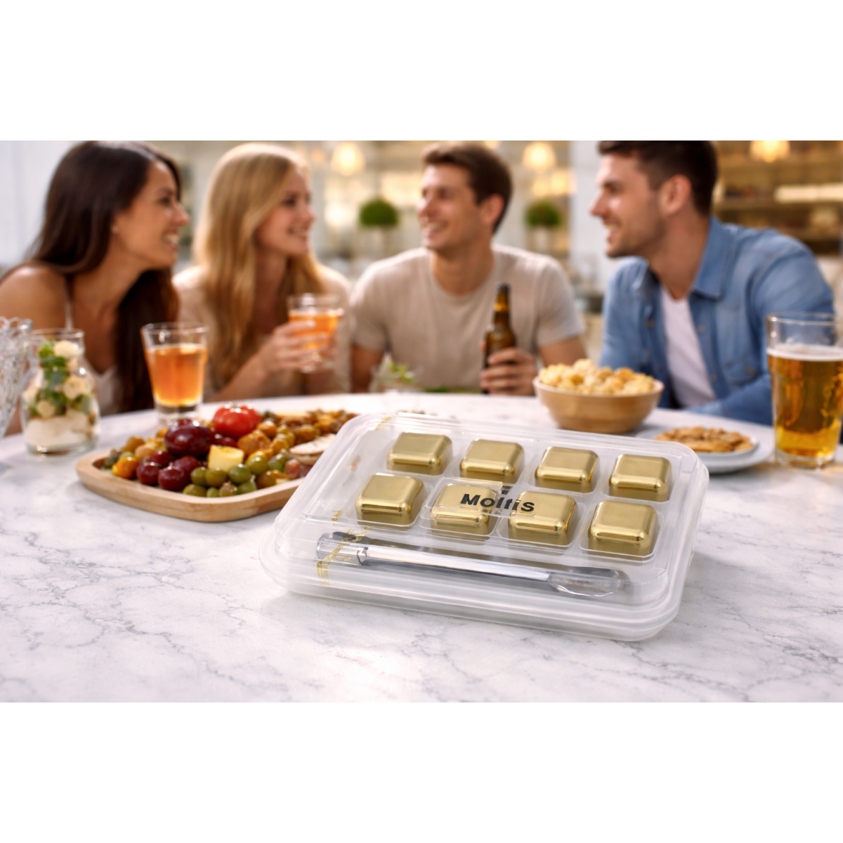 Кубики для віскі та інших напоїв Moltis 8 шт металеві Золото + щипці Whiskey Stones Gold