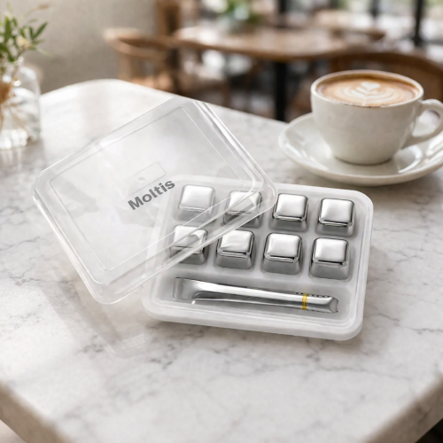 Кубики для віскі та інших напоїв Moltis 8 шт металеві Срібло + щипці Whiskey Stones Silver