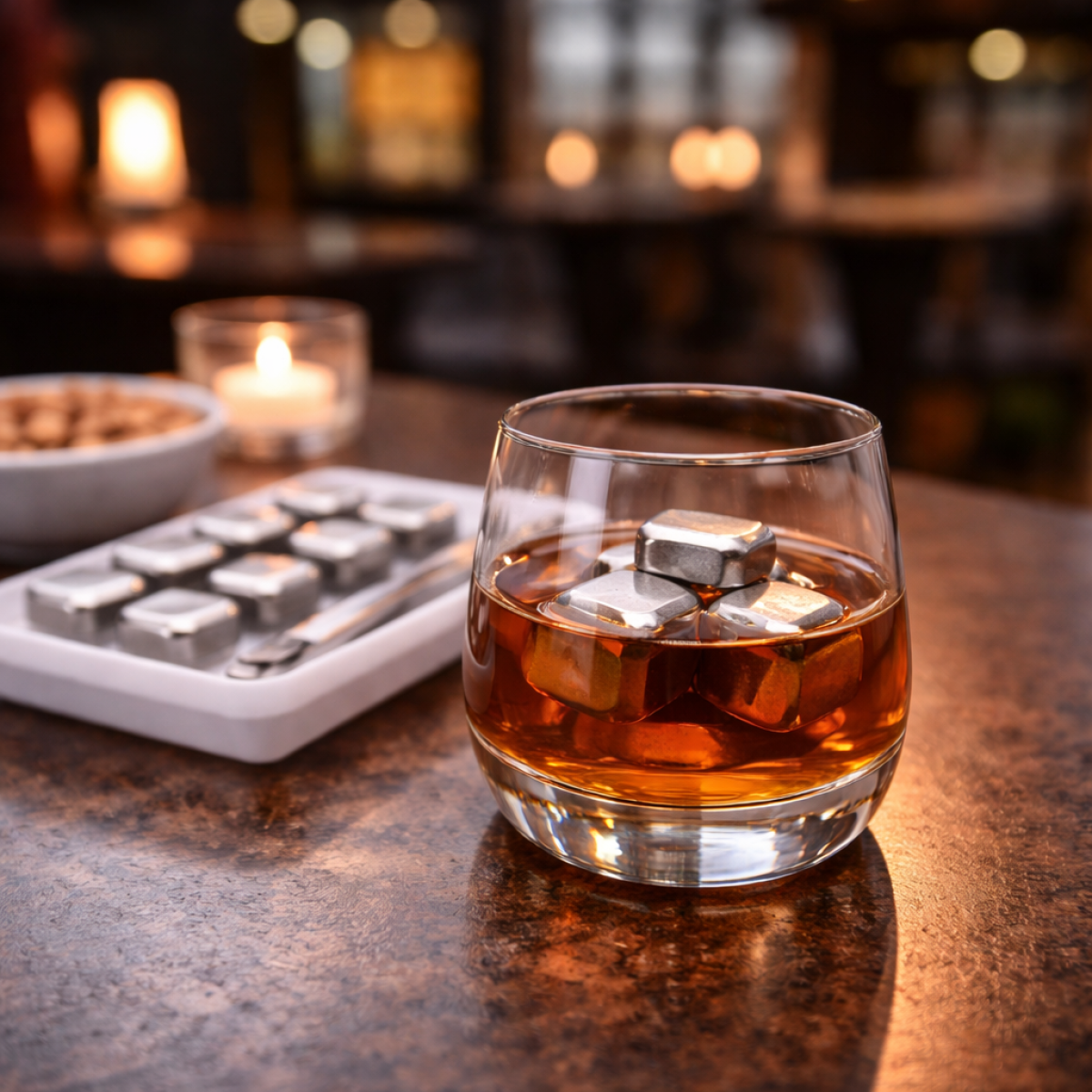 Кубики для віскі та інших напоїв Moltis 8 шт металеві Срібло + щипці Whiskey Stones Silver