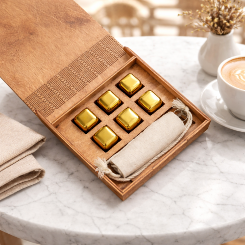 Кубики для віскі Moltis Relax Whiskey Stones Original Wood 6 шт з металу у золотом цвете (без гравировки) MBG - 10513