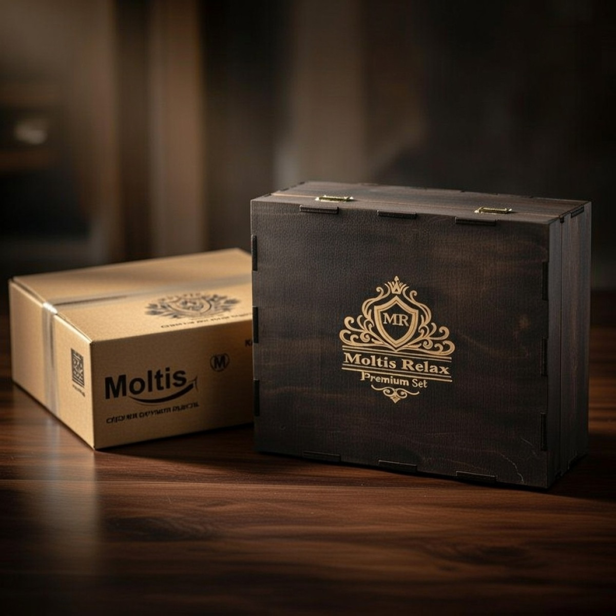 Подарунковий набір для віскі Moltis Relax-1004 у дерев’яній коробці (8 металевих кубиків келихи Quadro) 10065