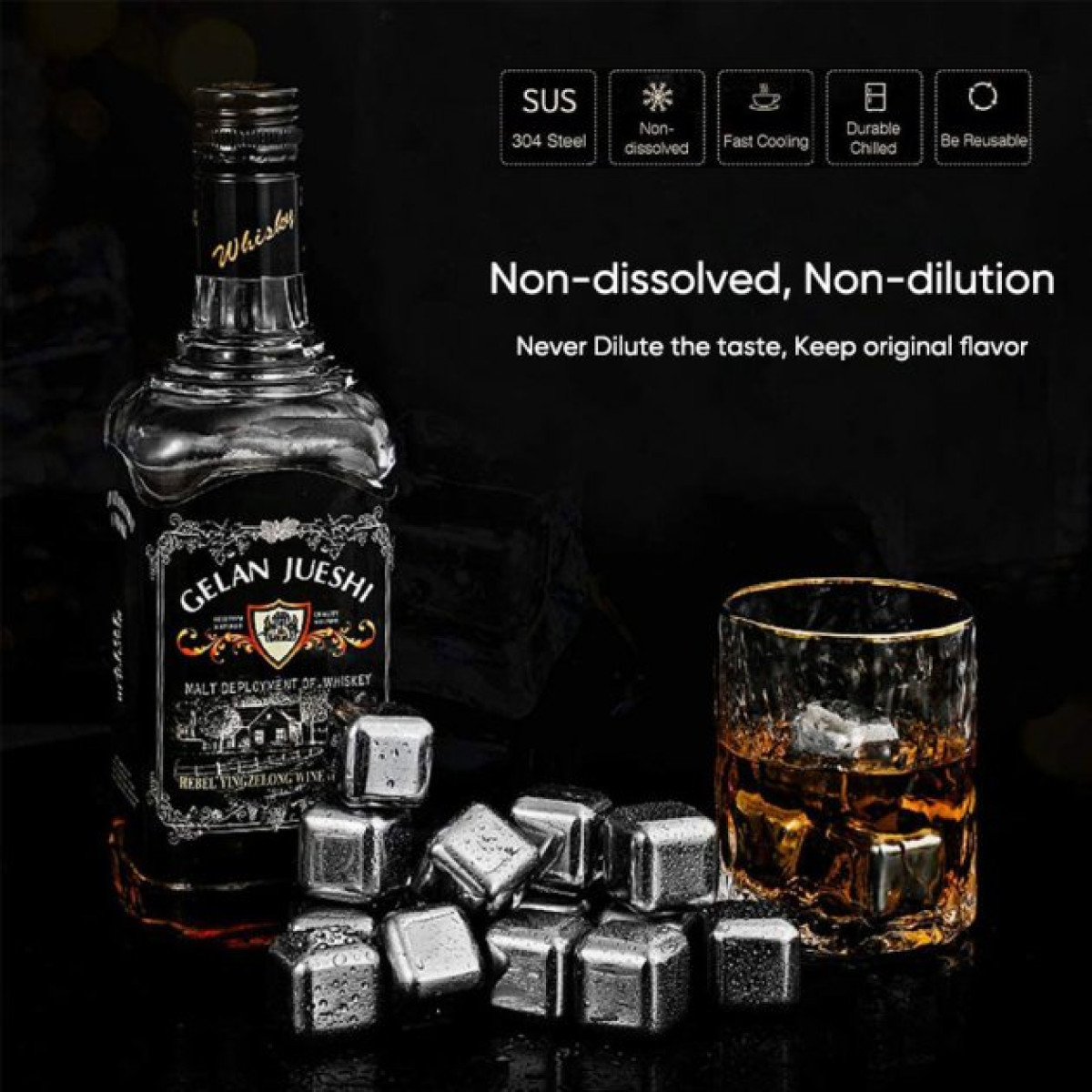 Кубики для віскі та інших напоїв Moltis 12 шт металеві Срібло + щипці Whiskey Stones Silver