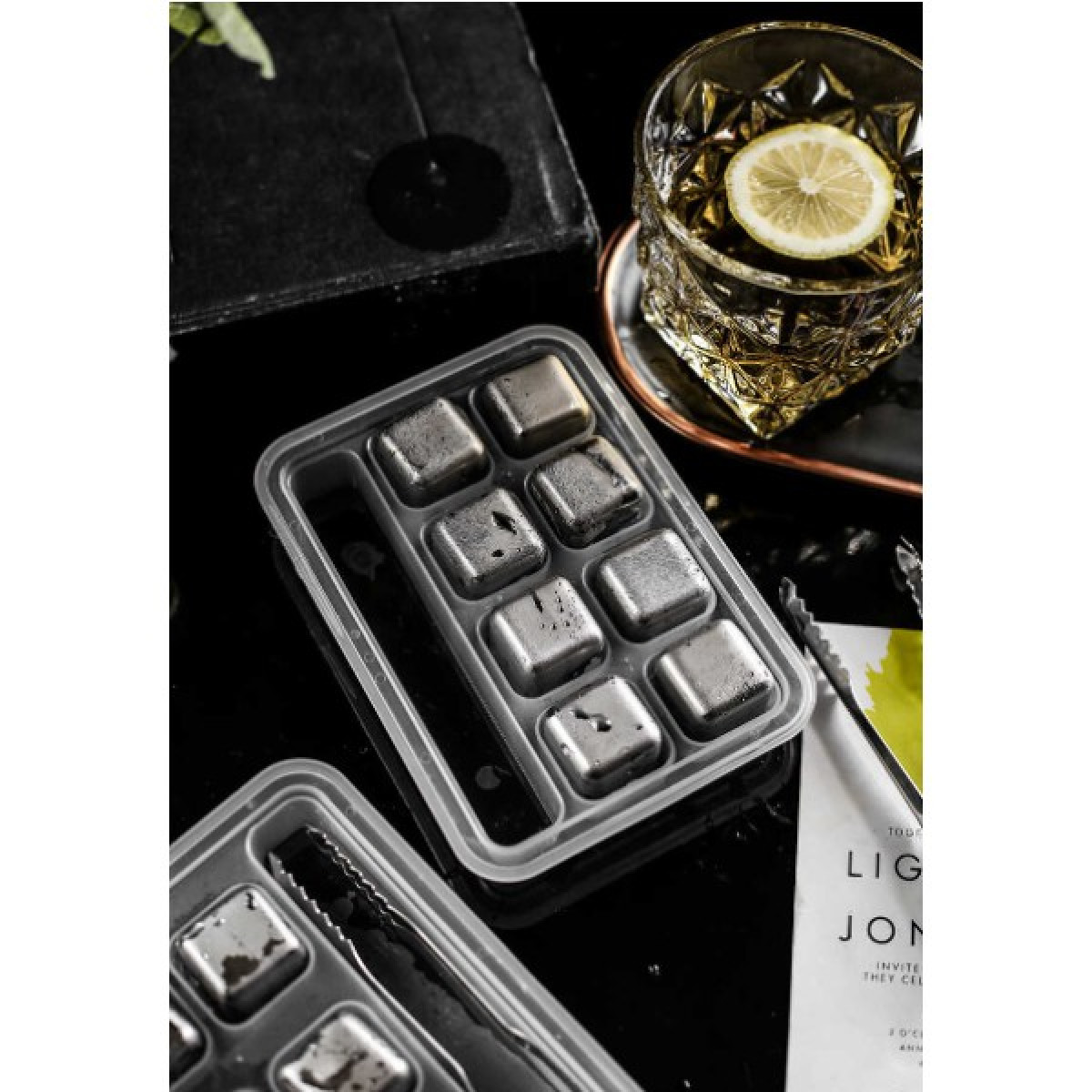 Кубики для віскі та інших напоїв Moltis 8 шт металеві Срібло + щипці Whiskey Stones Silver