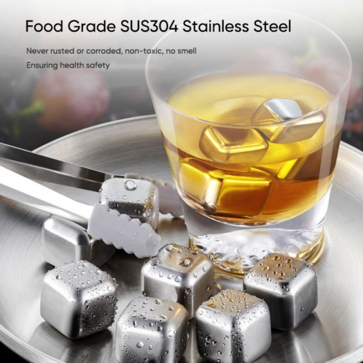 Кубики для віскі та інших напоїв Moltis 12 шт металеві Срібло + щипці Whiskey Stones Silver