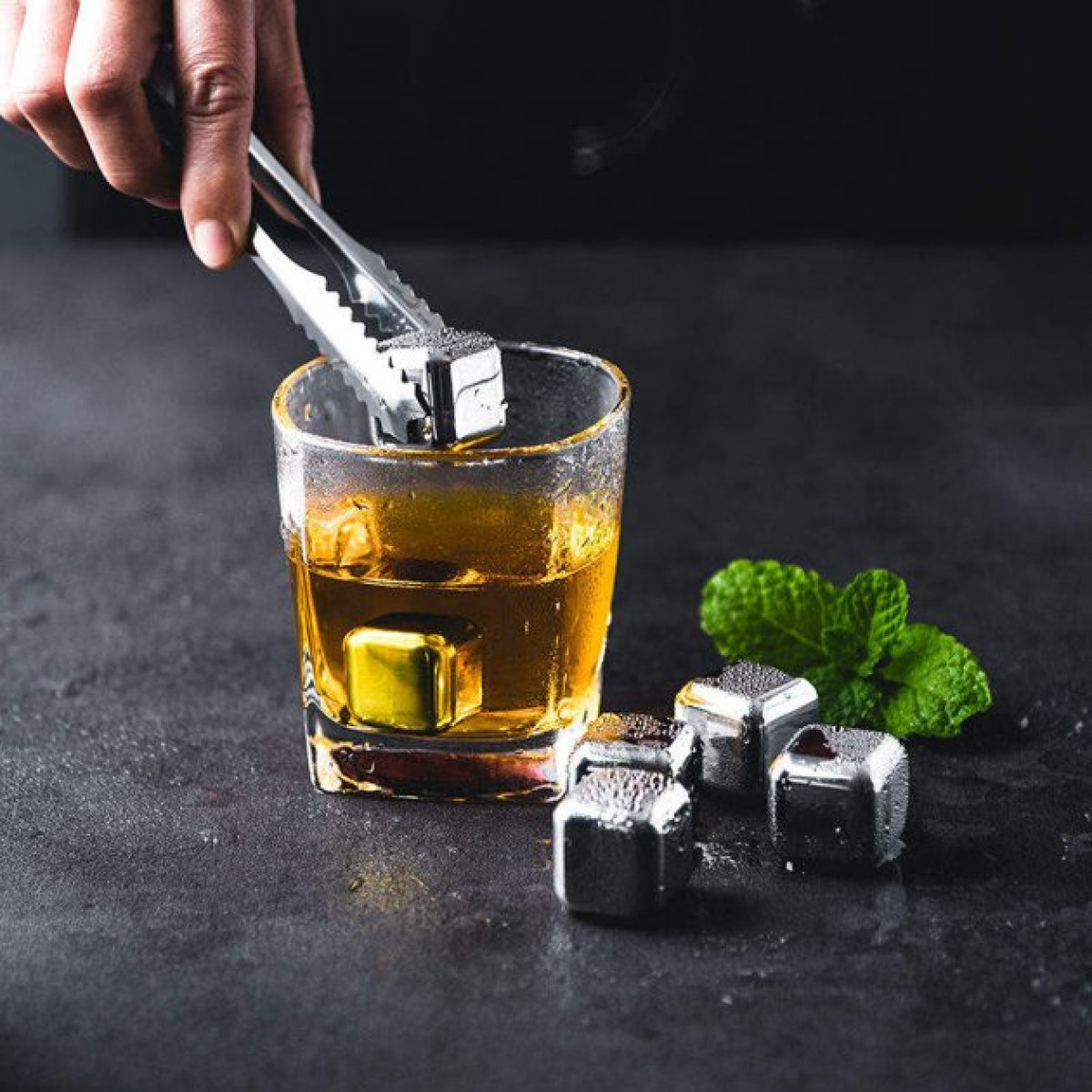 Кубики для віскі та інших напоїв Moltis 12 шт металеві Срібло + щипці Whiskey Stones Silver