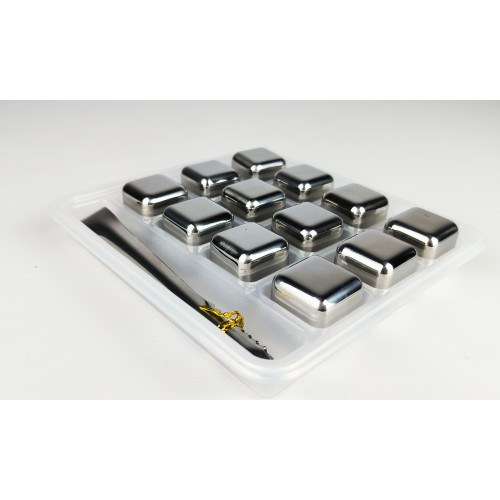 Кубики для віскі та інших напоїв Moltis 12 шт металеві Срібло + щипці Whiskey Stones Silver