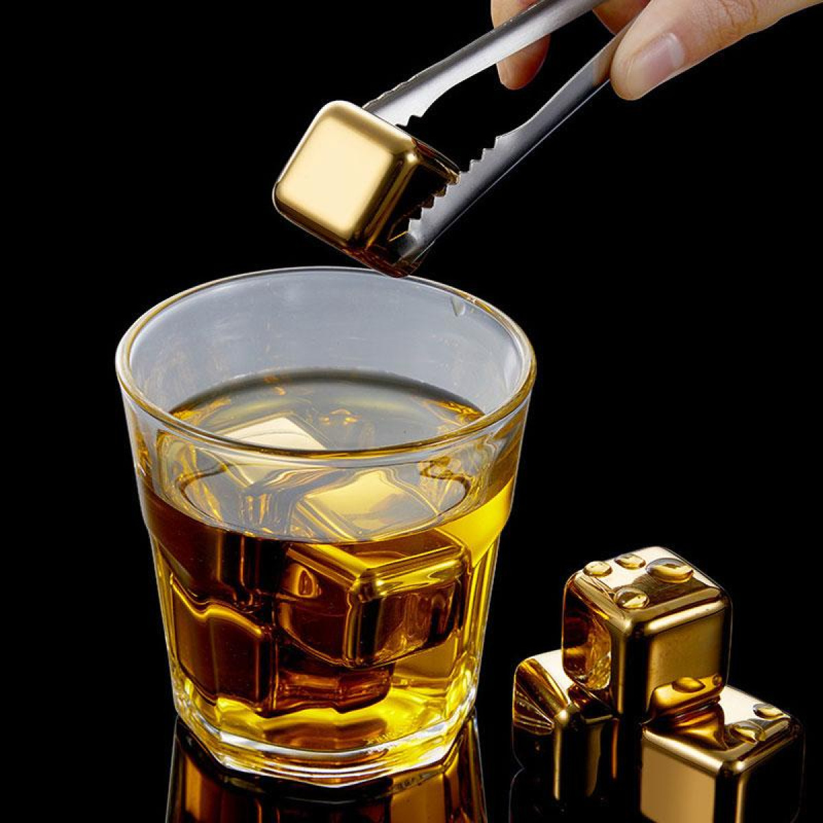 Кубики для віскі та інших напоїв Moltis 8 шт металеві Золото + щипці Whiskey Stones Gold
