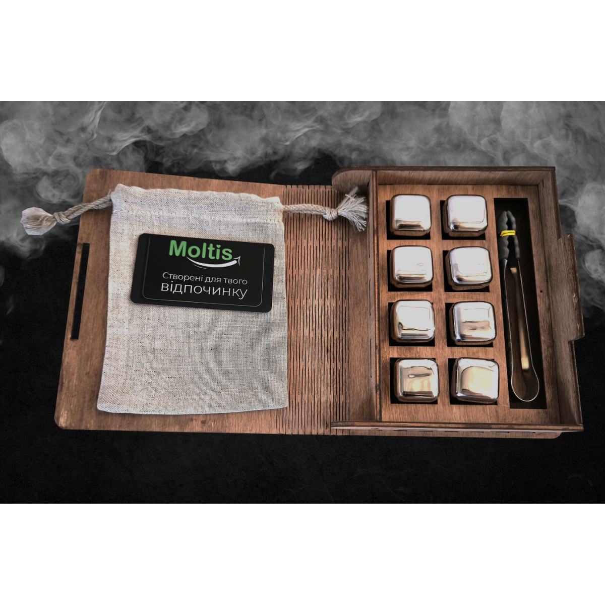 Кубики для віскі Moltis Relax Whiskey Stones Original Wood 8 шт з металу у срібному кольорі MBS-10503