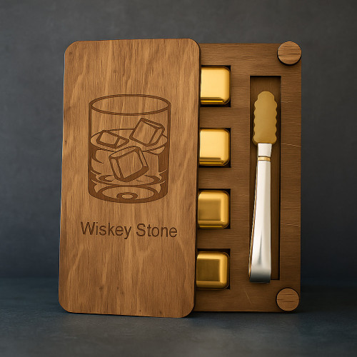 Подарунковий набір для віскі Moltis Relax – 4 золоті металеві кубики в дерев’яній коробці (WS-10702)