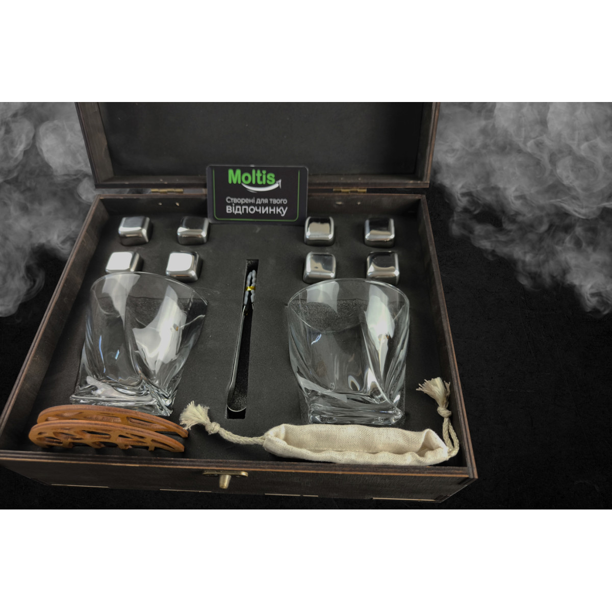 Подарунковий набір для віскі Moltis Relax-1004 у дерев’яній коробці (8 металевих кубиків келихи Quadro) 10065