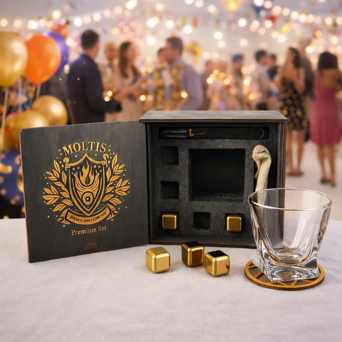 Подарунковий віскі-набір Moltis Quadro Premium з келихом, щипцями, мішечком, підставкою та 5 охолоджувальними кубиками 