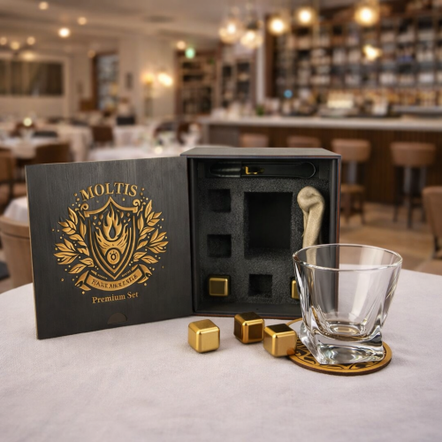 Подарунковий віскі-набір Moltis Quadro Premium з келихом, щипцями, мішечком, підставкою та 5 охолоджувальними кубиками 